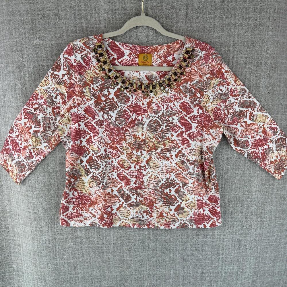 Ruby Rd. Blouse Womens PXL Red Animal Print Round Neck 3/4 Sleeve Beaded